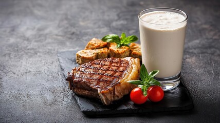 A steak dinner paired with a postworkout whey protein shake, ProteinPacked Meal, highlighting a diet rich in both meat and whey protein