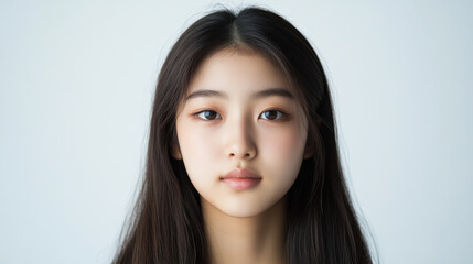 Fototapeta premium Studio portrait of a Korean teenager with a round, symmetrical face and pure, unblemished skin. The 