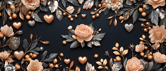 Fototapeta premium A beautiful floral design with black, gold, pink gold, heart and leaf elements on black background, minimal combine with art deco 3d illustration