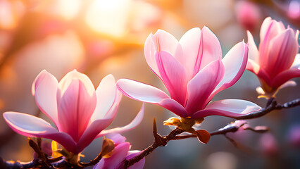 there are two pink flowers on a branch with the sun shining in the background