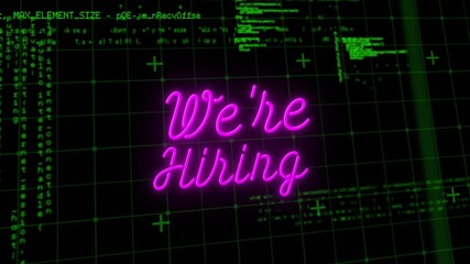 We're Hiring text animation over green coding and grid background