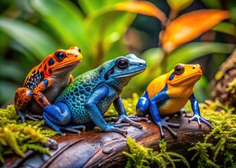 Vibrant poison dart frogs in shades of blue, orange, and yellow sit on mossy leaves and branches in a lush, misty rainforest environment.