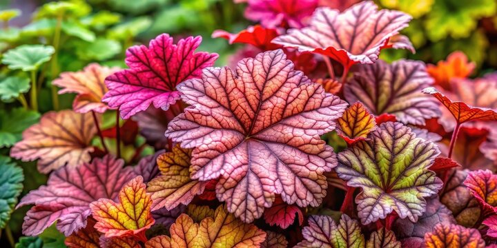 Vibrant maple-like leaves of Heuchera plant in shades of coral, pink, and purple, with delicate veins, thriving in a lush green garden landscape.
