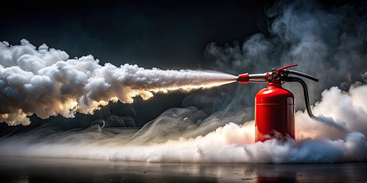 Powerful jet of white foam spray shoots out of a red fire extinguisher, dispersing into mist, against a dark blurred background, saving the day.