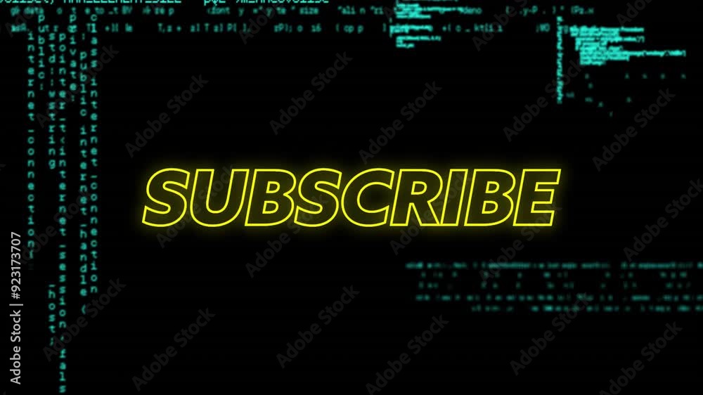 Poster animating subscribe text over computer code on black background