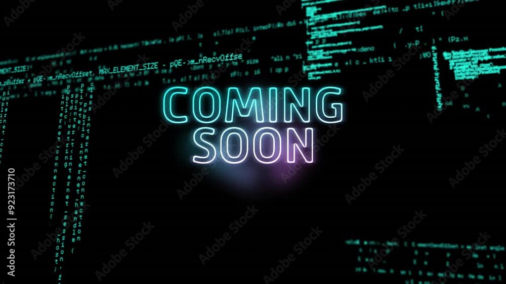 Poster coming soon text animation over green coding lines on black background