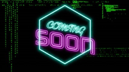 Coming soon text animation over green coding on black background