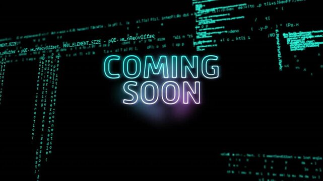 COMING SOON text animation over green coding lines on black background
