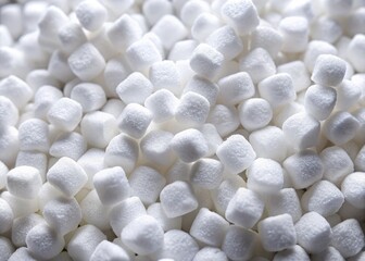 Close-up of white foam beads forming a chunk of expanded polystyrene, a lightweight and versatile packaging material, with a rough, porous texture.