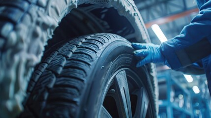 Fototapeta premium A person is touching a tire with gloves on