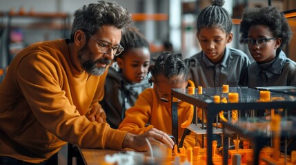 A teacher instructs a group of children on a project in a workshop setting.