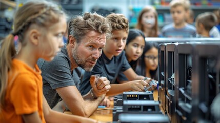 Obraz premium A teacher instructs a group of children on how to use computer technology.