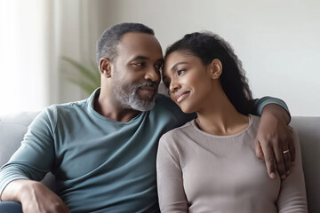 Obraz premium Middle aged couple is relaxing on the couch at home, enjoying each other's company