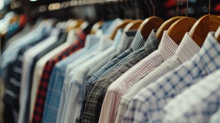 Close-up of colorful shirts hanging on hangers in a store