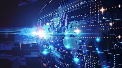 Abstract digital world map with glowing lines and binary code.