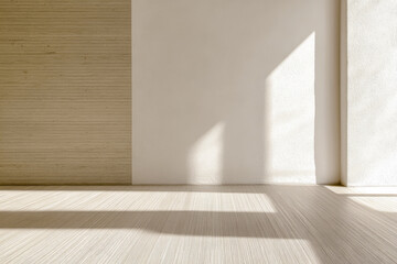 Empty living room luxury interiors in warm tones, with no decoration or furniture, a large window and contrasting shadows. Premium realty interior design composition.