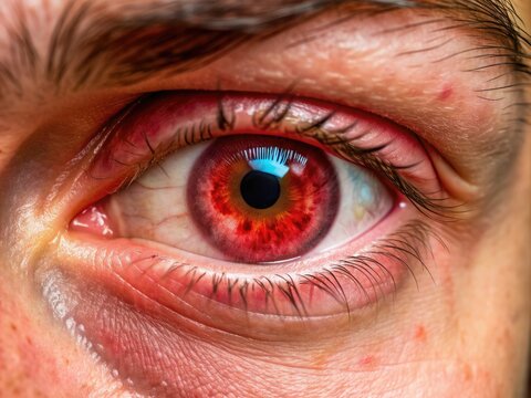 Close-up of a red, swollen, and watery eye with inflamed eyelid, representative of conjunctivitis, a common and contagious eye infection requiring prompt medical attention.