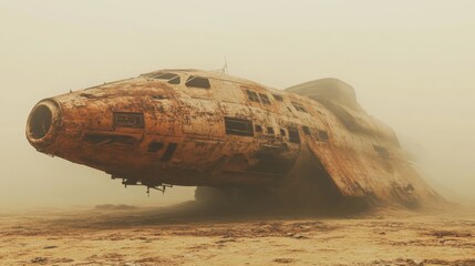 A Rusty Airplane Wreck in a Desert Fog
