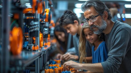A father and his daughter browse through a selection of merchandise at a store.  They are shopping together, enjoying each other's company.