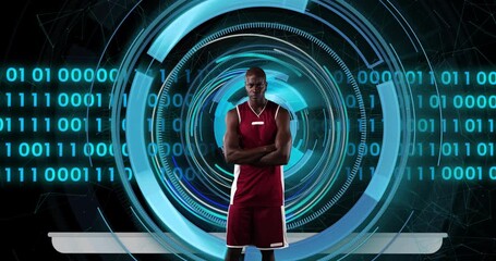 Standing with arms crossed, basketball player with futuristic data processing animation - Powered by Adobe