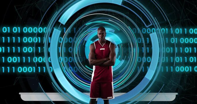 Standing with arms crossed, basketball player with futuristic data processing animation - Powered by Adobe