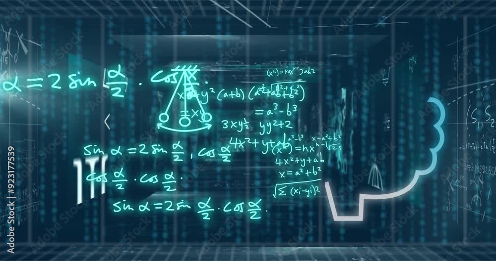 Poster animating mathematical equations and graphs over digital grid background
