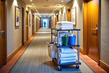 A tidy hotel corridor with a cart of cleaning supplies, fresh linens, and a clipboard, symbolizing the duties of a diligent housekeeping supervisor.