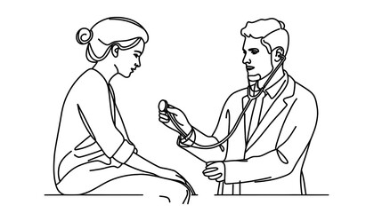 Continuous Single Line Drawing Of doctor in a lab coat examining a patient with a stethoscope. Health and Wellness  Concept