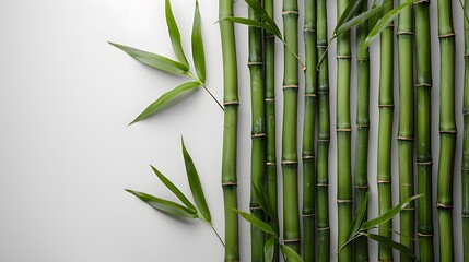 15. A minimalist image with a white background showcasing a single green bamboo stalk, positioned centrally