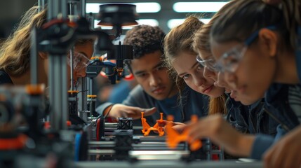 A group of students intently watch a 3D printer in action, creating an orange plastic object.  Focus on innovation and technology.