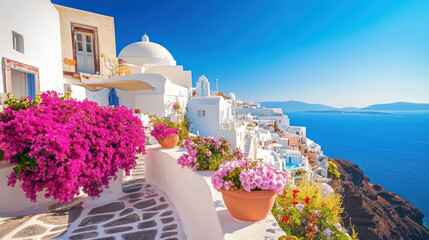 Naklejka premium Tourism in Greece: Discovering Santoriniâ€™s white-washed buildings,