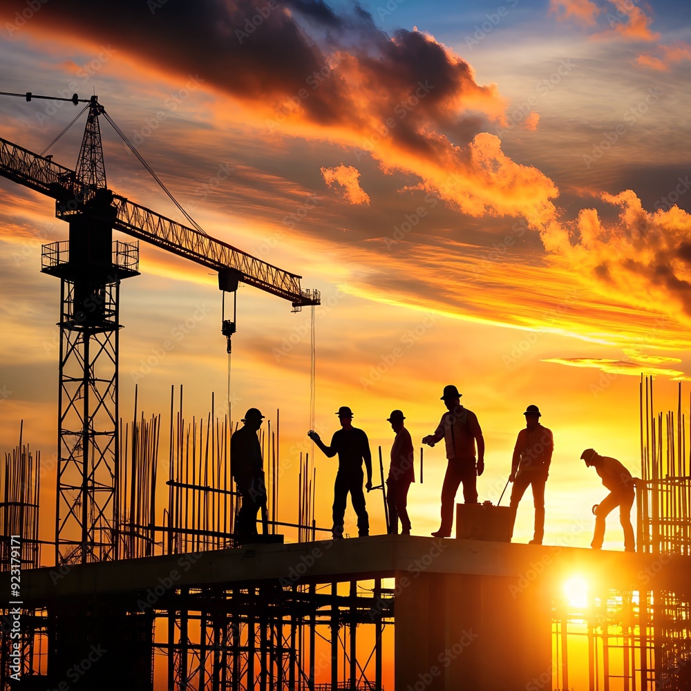 Wall mural construction at sunset, silhouette of workers working