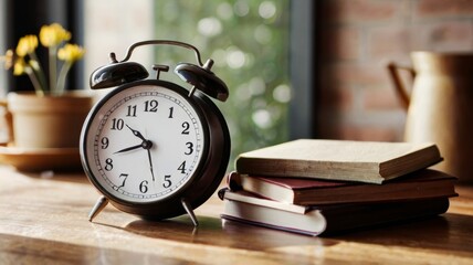 Naklejka premium Education day arrangement on a table with a clock