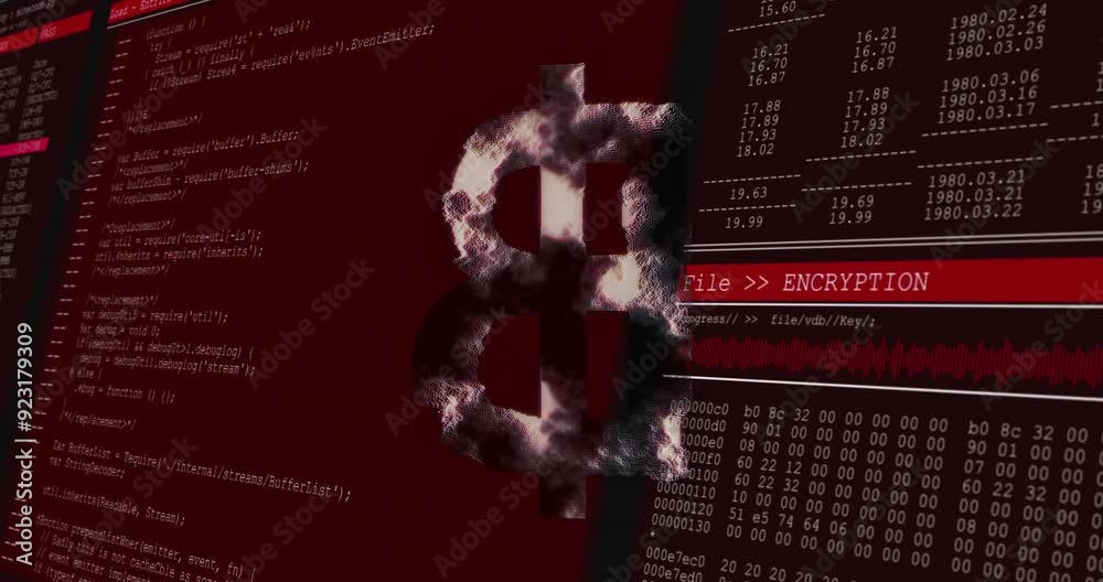 Poster bitcoin symbol with encryption text animation over computer code and data