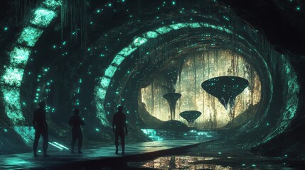 Fototapeta premium Mysterious Cave with Glowing Lights and Silhouettes