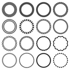 Set of round wide and narrow black frames, vignettes isolated on white background. Simple geometric ornament. Collection of borders for decorating text, printing on paper, textile. Vector illustration