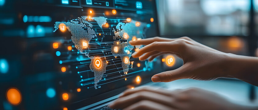 Diverse hands hovering over digital marketplace icons, e-commerce, global market integration, user interaction