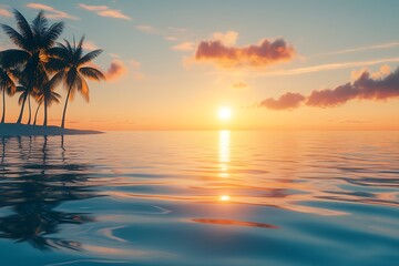 Generative AI Image of Sunset Sunrise Clouds Sky at Beach Sea with Palm Tree Island Wallpaper