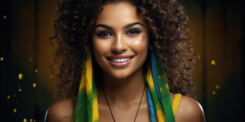 Young woman is smiling and holding a large brazilian flag over her shoulders. She is celebrating brazil independence day