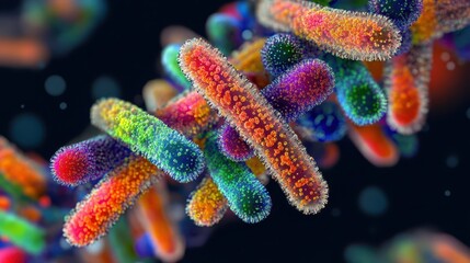 Obraz premium Microscopic bacteria with fluorescent staining, glowing colors, advanced microbiological techniques