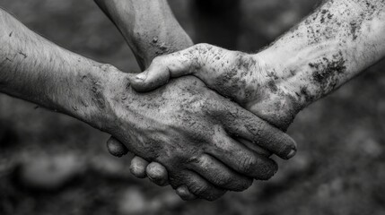 Fototapeta premium Two dirty hands clasped together in a handshake.