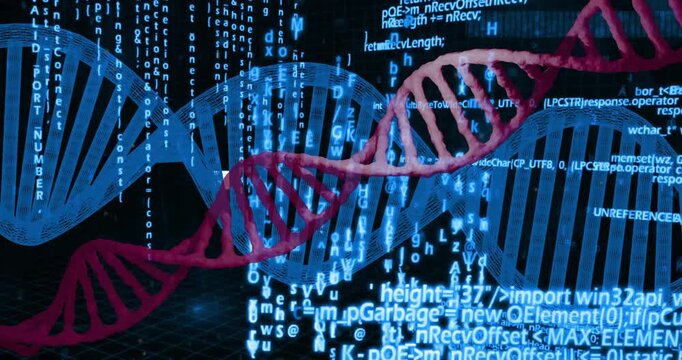 Processing scientific data, DNA strand and binary coding animation