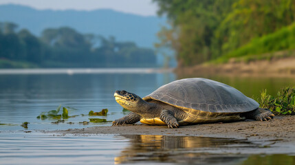 Obraz premium A turtle resting on a rock, grass, and shore near a calm pond, surrounded by nature and wildlife
