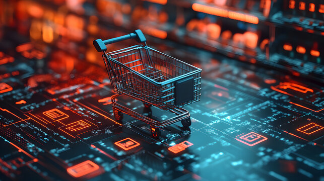 High-tech shopping cart on a virtual platform