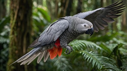 Obraz premium African grey parrot close-up in mid-flight over rainforest