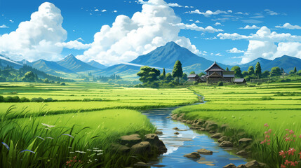 A rural rice field in the anime style.
