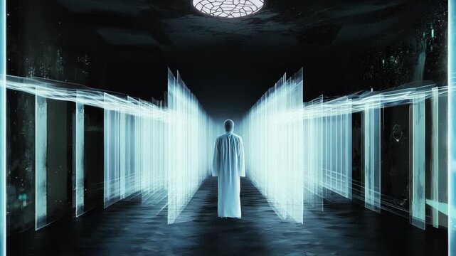 Mysterious figure in white robe stands in dimly lit corridor. Ethereal blue light screens form digital passageway. Futuristic and otherworldly ambiance with CGI elements.	