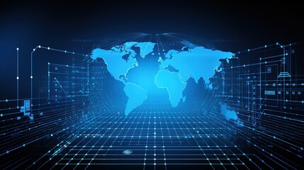 Blue glowing world map on digital grid background.
