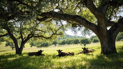 Serene cows leisurely resting beneath the sheltering branches of grand oak trees