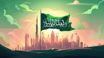 Illustration of a silhouette and waving flag of Saudi Arabia celebrating the establishment day